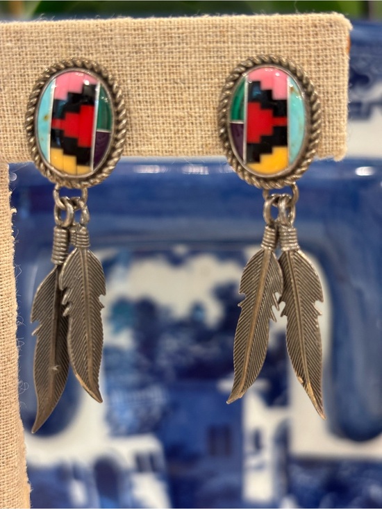 Zuni Jewelry - Multicolor Navajo Inlay Feather Drop Earrings